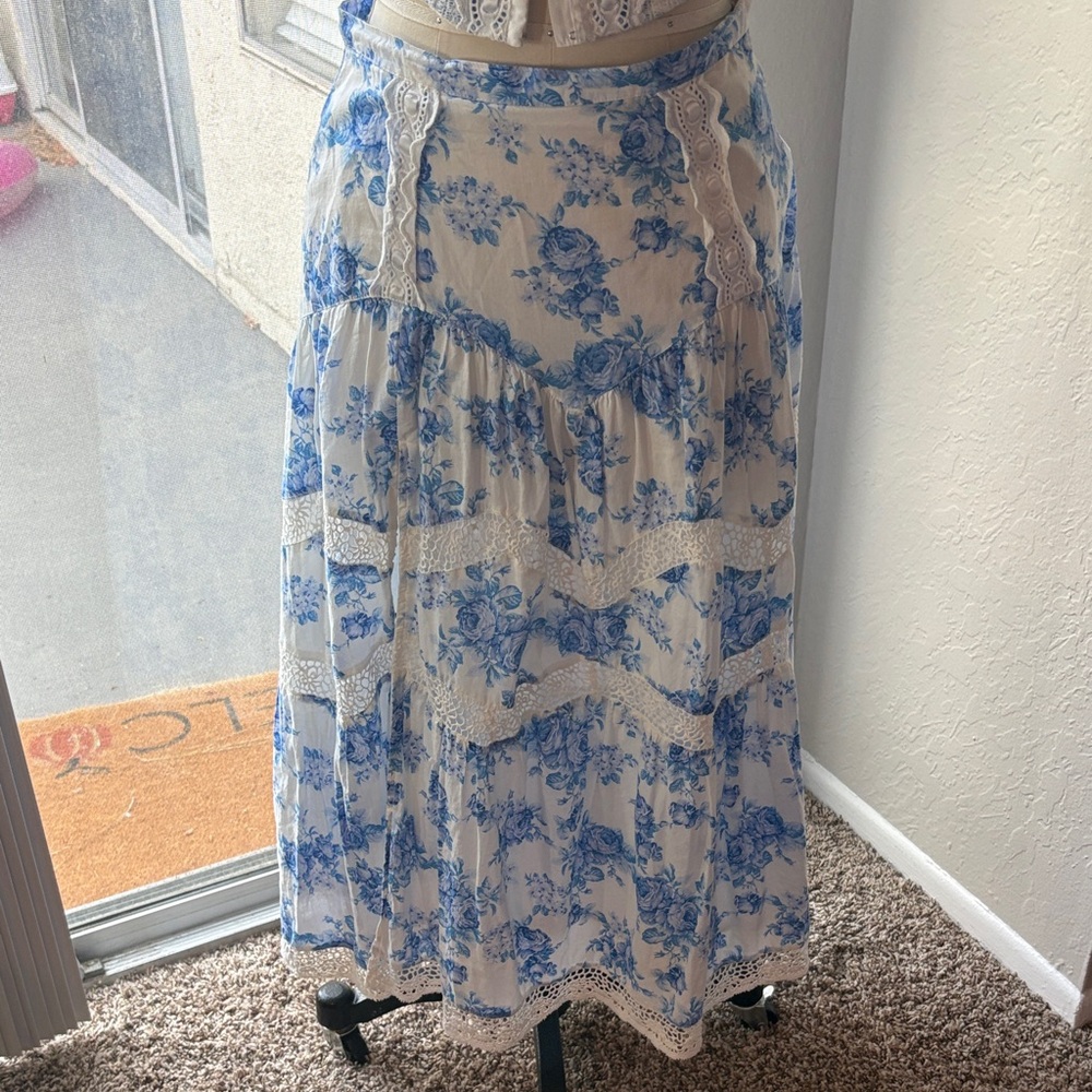 Altar’d State Blue Floral Lace-Trim Maxi Skirt